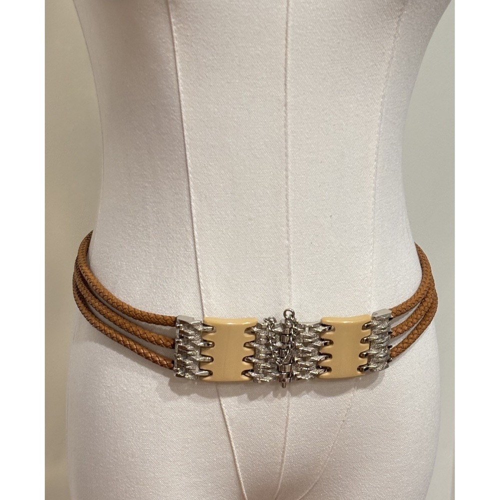 VTG 90s Clara Studio Asymmetry MultiStrand Braided Leather Hip Waist Belt Silver